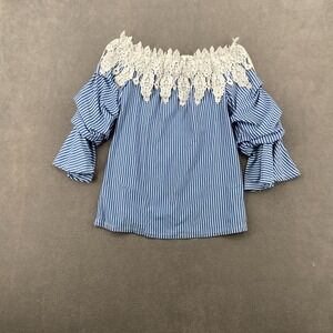 Haute Project Blouse Top Womens Small Blue White Striped Lace Trim Off Shoulder